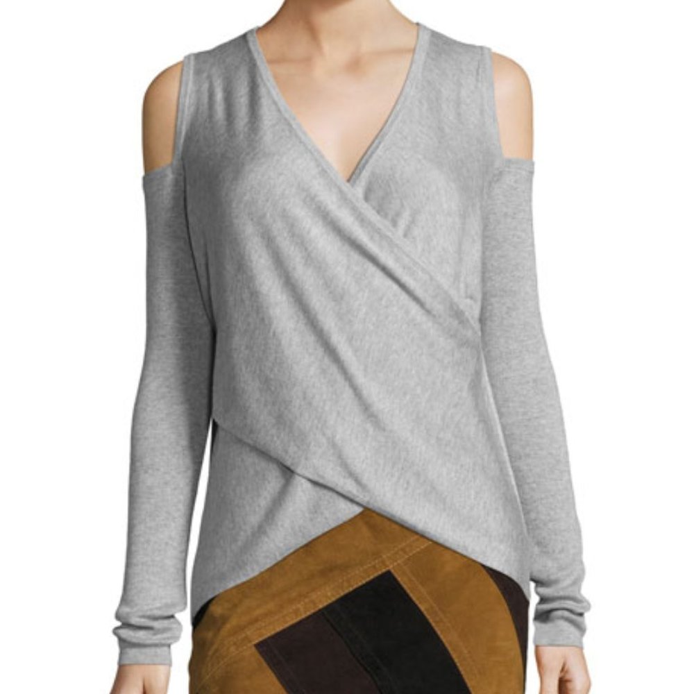 Line + Dot Wool Cold-Shoulder Surplice Gray Sweater